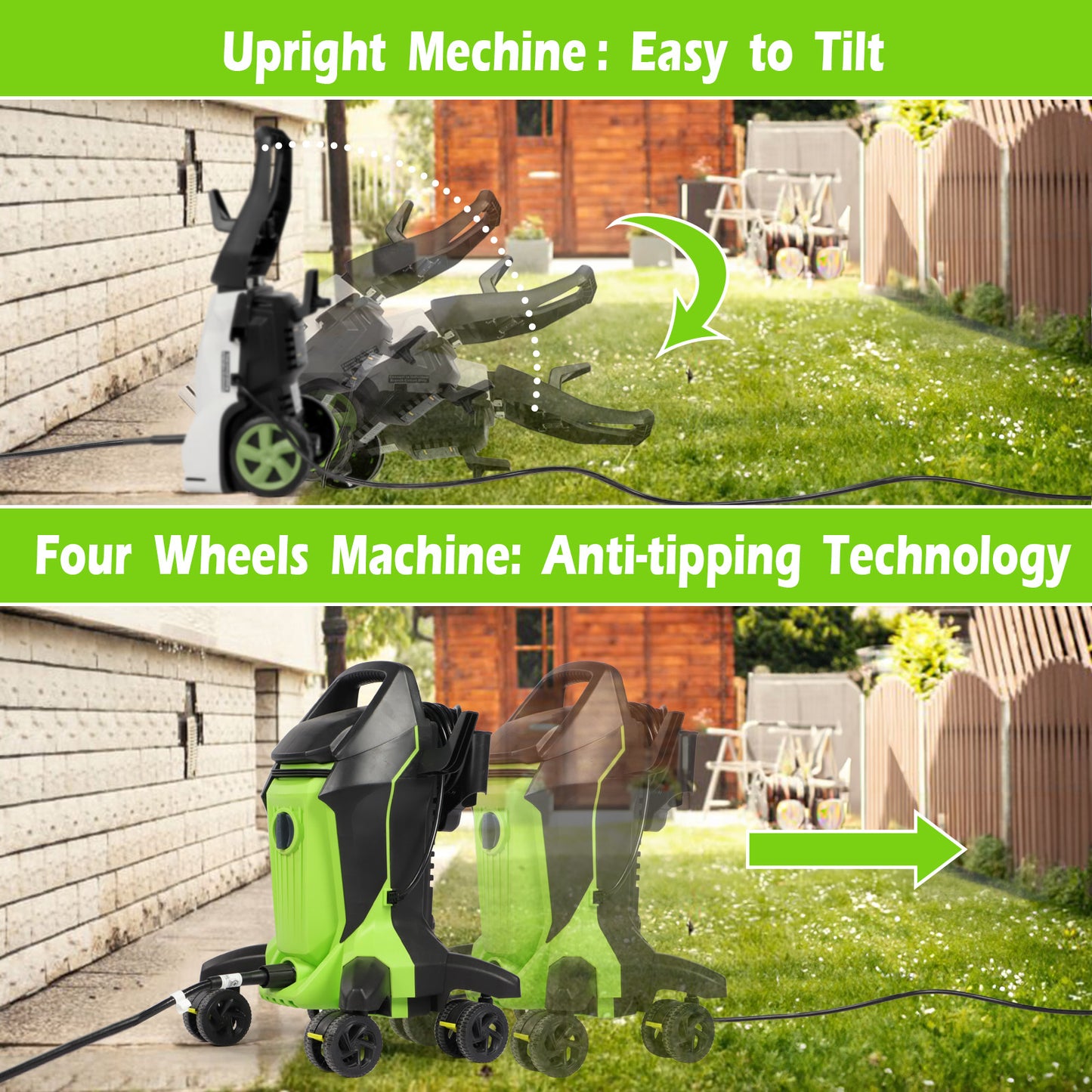 Birtechway Electric Pressure Washer 4000 PSI with Anti Tipping Wheels Green